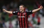 15 July 2021; Liam Burt of Bohemians celebrates after scoring his side's third goal during the UEFA Europa Conference League first qualifying round second leg match between Bohemians and Stjarnan at the Aviva Stadium in Dublin. Photo by Seb Daly/Sportsfile