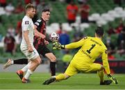 15 July 2021; Dawson Devoy of Bohemians in action against Brynjar Gudjónsson, left, and Haraldur Björnsson of Stjarnan during the UEFA Europa Conference League first qualifying round second leg match between Bohemians and Stjarnan at the Aviva Stadium in Dublin. Photo by Seb Daly/Sportsfile