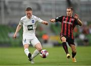 15 July 2021; Heidar Aegisson of Stjarnan in action against Liam Burt of Bohemians during the UEFA Europa Conference League first qualifying round second leg match between Bohemians and Stjarnan at the Aviva Stadium in Dublin. Photo by Seb Daly/Sportsfile