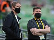 15 July 2021; Bohemians COO Daniel Lambert, left, and press officer Luke O'Riordan before the UEFA Europa Conference League first qualifying round second leg match between Bohemians and Stjarnan at the Aviva Stadium in Dublin. Photo by Seb Daly/Sportsfile
