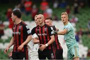 15 July 2021; Bohemians goalkeeper James Talbot, right, during the UEFA Europa Conference League first qualifying round second leg match between Bohemians and Stjarnan at the Aviva Stadium in Dublin. Photo by Seb Daly/Sportsfile