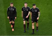 15 July 2021; Bohemians players, from left, Conor Levingston, James Finnerty and Rob Cornwall before the UEFA Europa Conference League first qualifying round second leg match between Bohemians and Stjarnan at the Aviva Stadium in Dublin. Photo by Ben McShane/Sportsfile