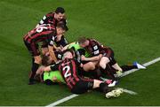 15 July 2021; Bohemians players celebrate their second goal during the UEFA Europa Conference League first qualifying round second leg match between Bohemians and Stjarnan at the Aviva Stadium in Dublin. Photo by Ben McShane/Sportsfile