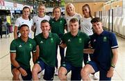 16 July 2021; Team Ireland's, back row, from left, Phil Healy, Sophie Becker, Michelle Finn, Sarah Lavin and Nadia Power. Front row, from left, Leon Reid, Chris O’Donnell, Marcus Lawler and Cillin Greene at Dublin Airport on their departure for the Tokyo 2020 Olympic Games. Photo by Ramsey Cardy/Sportsfile