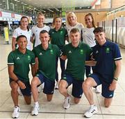 16 July 2021; Team Ireland's, back row, from left, Phil Healy, Sophie Becker, Michelle Finn, Sarah Lavin and Nadia Power. Front row, from left, Leon Reid, Chris O’Donnell, Marcus Lawler and Cillin Greene at Dublin Airport on their departure for the Tokyo 2020 Olympic Games. Photo by Ramsey Cardy/Sportsfile