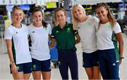 16 July 2021; Team Ireland's, from left, Sophie Becker, Phil Healy, Michelle Finn, Sarah Lavin and Nadia Power at Dublin Airport on their departure for the Tokyo 2020 Olympic Games. Photo by Ramsey Cardy/Sportsfile