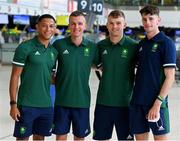 16 July 2021; Team Ireland's, from left, Leon Reid, Chris O’Donnell, Marcus Lawler and Cillin Greene at Dublin Airport on their departure for the Tokyo 2020 Olympic Games. Photo by Ramsey Cardy/Sportsfile