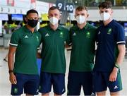16 July 2021; Team Ireland's, from left, Leon Reid, Chris O’Donnell, Marcus Lawler and Cillin Greene at Dublin Airport on their departure for the Tokyo 2020 Olympic Games. Photo by Ramsey Cardy/Sportsfile