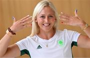 16 July 2021; Team Ireland's 100m hurdler, and 4x400m relay runner, Sarah Lavin at Dublin Airport on their departure for the Tokyo 2020 Olympic Games. Photo by Ramsey Cardy/Sportsfile