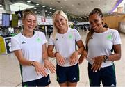 16 July 2021; Team Ireland's Sophie Becker, left, Sarah Lavin, centre, and Nadia Power at Dublin Airport on their departure for the Tokyo 2020 Olympic Games. Photo by Ramsey Cardy/Sportsfile