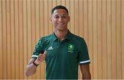 16 July 2021; Team Ireland's 200m runner Leon Reid at Dublin Airport on their departure for the Tokyo 2020 Olympic Games. Photo by Ramsey Cardy/Sportsfile