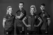 8 July 2021; (EDITOR'S NOTE; Image has been converted to black & white) Team Ireland track cyclists, from left, Emily Kay, Mark Downey, Shannon McCurley and Felix English during a Tokyo 2020 Team Ireland Announcement for Cycling at Sport Ireland Campus in Dublin. Photo by David Fitzgerald/Sportsfile