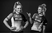 8 July 2021; (EDITOR'S NOTE; Image has been converted to black & white) Track cyclists Emily Kay, left, and Shannon McCurley during a Tokyo 2020 Team Ireland Announcement for Cycling at Sport Ireland Campus in Dublin. Photo by David Fitzgerald/Sportsfile
