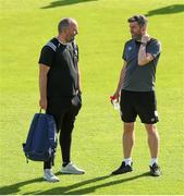 16 July 2021; Treaty United manager Tommy Barrett, right, with UCD manager Andy Myler before the SSE Airtricity League First Division match between Treaty United and UCD at Market's Field in Limerick. Photo by Michael P Ryan/Sportsfile