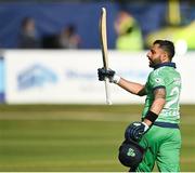 16 July 2021; Simi Singh of Ireland acknowledges the crowd after bringing up his century during the 3rd Dafanews Cup Series One Day International match between Ireland and South Africa at The Village in Malahide, Dublin. Photo by Seb Daly/Sportsfile