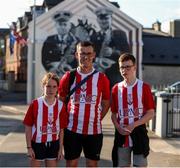 16 July 2021; Treaty United supporters, from left, Fia, Gerry and Ely Linnane from Ahane, Limerick make their way to the ground before the SSE Airtricity League First Division match between Treaty United and UCD at Market's Field in Limerick. Photo by Michael P Ryan/Sportsfile