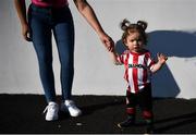 16 July 2021; Cría Cole, age 1, daughter of Derry City player Darren Cole prior to the SSE Airtricity League Premier Division match between Derry City and Shamrock Rovers at Ryan McBride Brandywell Stadium in Derry.  Photo by David Fitzgerald/Sportsfile