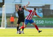 16 July 2021; Charlie Fleming of Treaty United in action against Liam Kerrigan of UCD during the SSE Airtricity League First Division match between Treaty United and UCD at Market's Field in Limerick. Photo by Michael P Ryan/Sportsfile