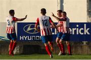 16 July 2021; Jack Lynch of Treaty United, second from right, celebrates with team-mates after scoring his side's first goal during the SSE Airtricity League First Division match between Treaty United and UCD at Market's Field in Limerick. Photo by Michael P Ryan/Sportsfile