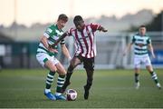 16 July 2021; Junior Ogedi-Uzokwe of Derry City in action against Ronan Finn of Shamrock Rovers during the SSE Airtricity League Premier Division match between Derry City and Shamrock Rovers at the Ryan McBride Brandywell Stadium in Derry. Photo by David Fitzgerald/Sportsfile