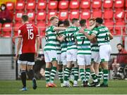 16 July 2021; Rory Gaffney of Shamrock Rovers, second from right, is congratulated by team-mates after scoring his side's third goal during the SSE Airtricity League Premier Division match between Derry City and Shamrock Rovers at the Ryan McBride Brandywell Stadium in Derry. Photo by David Fitzgerald/Sportsfile