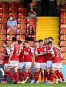 16 July 2021; Chris Forrester of St Patrick's Athletic, second from left, celebrates with team-mates after scoring his side's first goal during the SSE Airtricity League Premier Division match between St Patrick's Athletic and Drogheda United at Richmond Park in Dublin.  Photo by Piaras Ó Mídheach/Sportsfile