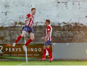 16 July 2021; Jack Lynch of Treaty United, left, celebrates after scoring his side's second goal during the SSE Airtricity League First Division match between Treaty United and UCD at Market's Field in Limerick. Photo by Michael P Ryan/Sportsfile