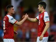 16 July 2021; Ben McCormack, left, and Lee Desmond of St Patrick's Athletic after their side's victory in the SSE Airtricity League Premier Division match between St Patrick's Athletic and Drogheda United at Richmond Park in Dublin.  Photo by Piaras Ó Mídheach/Sportsfile