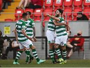 16 July 2021; Richie Towell of Shamrock Rovers, right, celebrates after scoring his side's fourth goal with team-mates during the SSE Airtricity League Premier Division match between Derry City and Shamrock Rovers at the Ryan McBride Brandywell Stadium in Derry. Photo by David Fitzgerald/Sportsfile