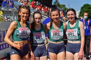 17 July 2021; The Ireland Women's 4 x 400 Metre Relay team, from left, Lauren McCourt,  Kate O'Connell, Caoimhe Cronin and Maeve O'Neill after competing in their Women’s 4 x 400 Metre Relay heat during day three of the European Athletics U20 Championships at the Kadriorg Stadium in Tallinn, Estonia. Photo by Marko Mumm/Sportsfile