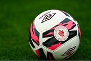 15 July 2021; Detailed view of the Sligo Rovers crest on a football during the UEFA Europa Conference League First Qualifying Second Leg match between Sligo Rovers and FH Hafnarfjordur at The Showgrounds in Sligo. Photo by Eóin Noonan/Sportsfile