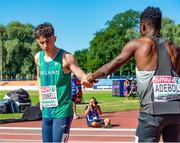 17 July 2021; Robert McDonnell, left, of Ireland and James Adebola of Germany fist bump after competing in the semi-final of the men's 200 metres during day three of the European Athletics U20 Championships at the Kadriorg Stadium in Tallinn, Estonia. Photo by Marko Mumm/Sportsfile