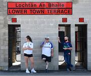 17 July 2021; Monaghan supporters, Ellie Devlin, left, and Christoper Duffy, and Armagh supporter Paudie Mooney before the Ulster GAA Football Senior Championship Semi-Final match between Armagh and Monaghan at Páirc Esler in Newry, Down. Photo by Ramsey Cardy/Sportsfile