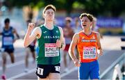 17 July 2021; Cian McPhillips of Ireland celebrates after finishing first in the Men’s 1500 Metre Final during day three of the European Athletics U20 Championships at the Kadriorg Stadium in Tallinn, Estonia. Photo by Marko Mumm/Sportsfile