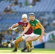 17 July 2021; Cian Hussey of Kerry in action against Conor Shaw of Westmeath during the Joe McDonagh Cup Final match between Westmeath and Kerry at Croke Park in Dublin. Photo by Ray McManus/Sportsfile