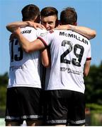17 July 2021; David McMillan of Dundalk, right, celebrates with team-mates Raivis Jurkovskis, left, and Darragh Leahy after scoring his side's first goal during the SSE Airtricity League Premier Division match between Dundalk and Finn Harps at Oriel Park in Dundalk, Louth. Photo by Michael P Ryan/Sportsfile