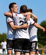 17 July 2021; David McMillan of Dundalk, centre, celebrates with team-mates Raivis Jurkovskis, left, and Darragh Leahy after scoring his side's first goal during the SSE Airtricity League Premier Division match between Dundalk and Finn Harps at Oriel Park in Dundalk, Louth. Photo by Michael P Ryan/Sportsfile