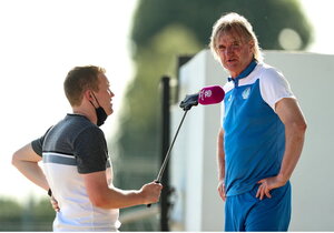 17 July 2021; Finn Harps manager Ollie Horgan is interviewed by Highland Radio after the SSE Airtricity League Premier Division match between Dundalk and Finn Harps at Oriel Park in Dundalk, Louth. Photo by Michael P Ryan/Sportsfile