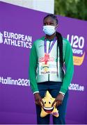 17 July 2021; Gold medalist Rhasidat Adeleke of Ireland with her medal during the victory ceremony for the women's 200 metres during day three of the European Athletics U20 Championships at the Kadriorg Stadium in Tallinn, Estonia. Photo by Marko Mumm/Sportsfile