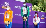 17 July 2021; Gold medalist Rhasidat Adeleke, centre, of Ireland with her medal during the victory ceremony for the women's 200 metres during day three of the European Athletics U20 Championships at the Kadriorg Stadium in Tallinn, Estonia. Photo by Marko Mumm/Sportsfile