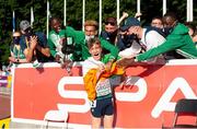 17 July 2021; Nicholas Griggs of Ireland celebrates with his Team Ireland team-mates after winning gold in the final of the men's 3000m during day three of the European Athletics U20 Championships at the Kadriorg Stadium in Tallinn, Estonia. Photo by Marko Mumm/Sportsfile