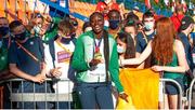 17 July 2021; Gold medalist Rhasidat Adeleke of Ireland with her Team Ireland team-mates after the victory ceremony for the women's 200 metres during day three of the European Athletics U20 Championships at the Kadriorg Stadium in Tallinn, Estonia. Photo by Marko Mumm/Sportsfile