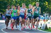 17 July 2021; Nicholas Griggs, second from right, with team-mate Fionn Harrington, right,of Ireland on his way to winning gold in the final of the men's 3000m during day three of the European Athletics U20 Championships at the Kadriorg Stadium in Tallinn, Estonia. Photo by Marko Mumm/Sportsfile