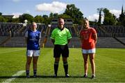 17 July 2021; Referee Brendan Rice with team captains Laura Fitzpatrick of Cavan, left, and Kelly Mallon of Armagh before the TG4 All-Ireland Senior Ladies Football Championship Group 2 Round 2 match between Armagh and Cavan at St Tiernach's Park in Monaghan. Photo by Ben McShane/Sportsfile