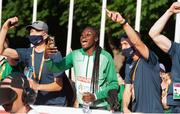 17 July 2021; Rhasidat Adeleke, centre, celebrates after Nicholas Griggs of Ireland after wins gold in the final of the men's 3000m during day three of the European Athletics U20 Championships at the Kadriorg Stadium in Tallinn, Estonia. Photo by Marko Mumm/Sportsfile