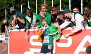 17 July 2021; Nicholas Griggs of Ireland celebrates with his Team Ireland team-mates after winning gold in the final of the men's 3000m during day three of the European Athletics U20 Championships at the Kadriorg Stadium in Tallinn, Estonia. Photo by Marko Mumm/Sportsfile
