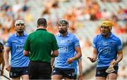 17 July 2021; Dublin players, from left, Liam Rushe, Jake Malone and Dáire Gray protest to referee James Owens during the Leinster GAA Senior Hurling Championship Final match between Dublin and Kilkenny at Croke Park in Dublin. Photo by Eóin Noonan/Sportsfile