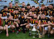 17 July 2021; Kilkenny players sing 'happy birthday' and celebrate with kitman 'Rackard Cody', who celebrated his birthday two days ago,  the Leinster GAA Senior Hurling Championship Final match between Dublin and Kilkenny at Croke Park in Dublin. Photo by Ray McManus/Sportsfile