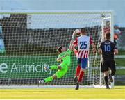 16 July 2021; Tadhg Ryan of Treaty United makes a save from Colm Whelan of UCD during the SSE Airtricity League First Division match between Treaty United and UCD at Market's Field in Limerick. Photo by Michael P Ryan/Sportsfile