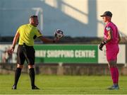 16 July 2021; Referee Alan Patchell with Lorcan Healy of UCD during the SSE Airtricity League First Division match between Treaty United and UCD at Market's Field in Limerick. Photo by Michael P Ryan/Sportsfile